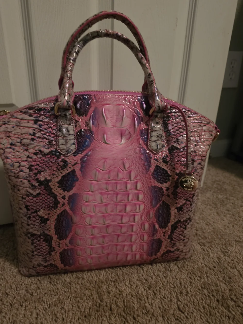 New Brahmin Pink Snake-Embossed Satchel with Purple Accents